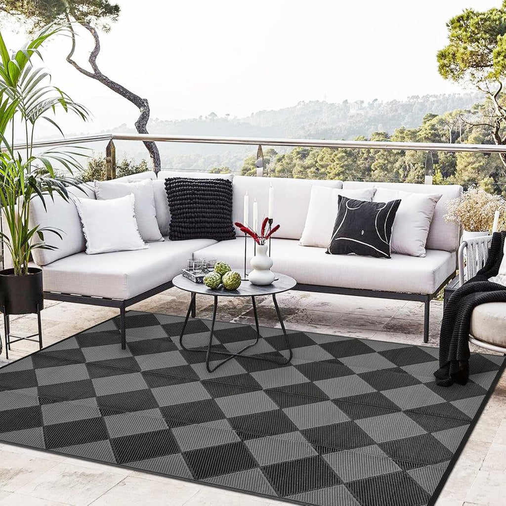 9x12 Ft Black‑Grey Diamond Reversible Outdoor Rug