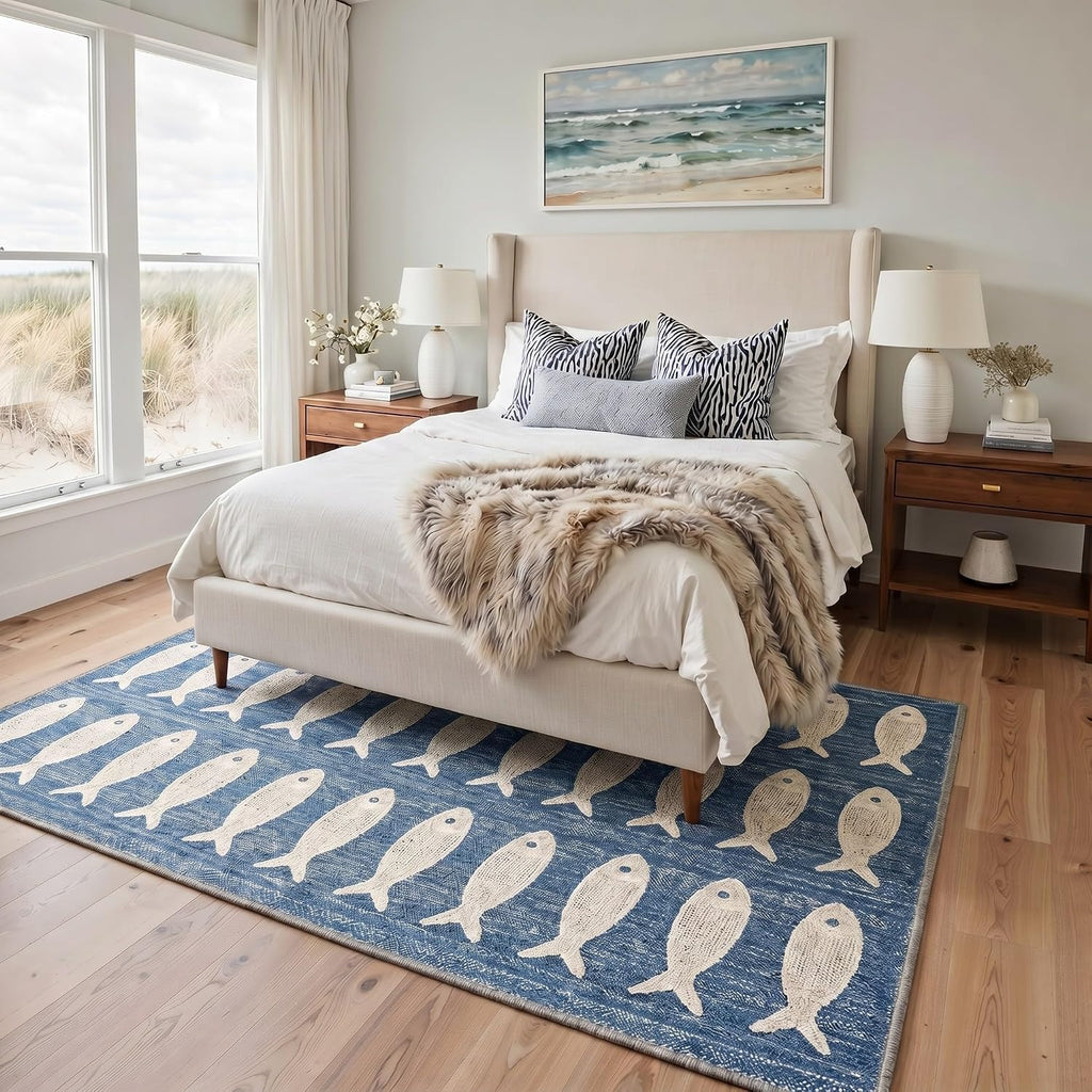 5×7 ft Washable Blue Fish‑Pattern Area Rug