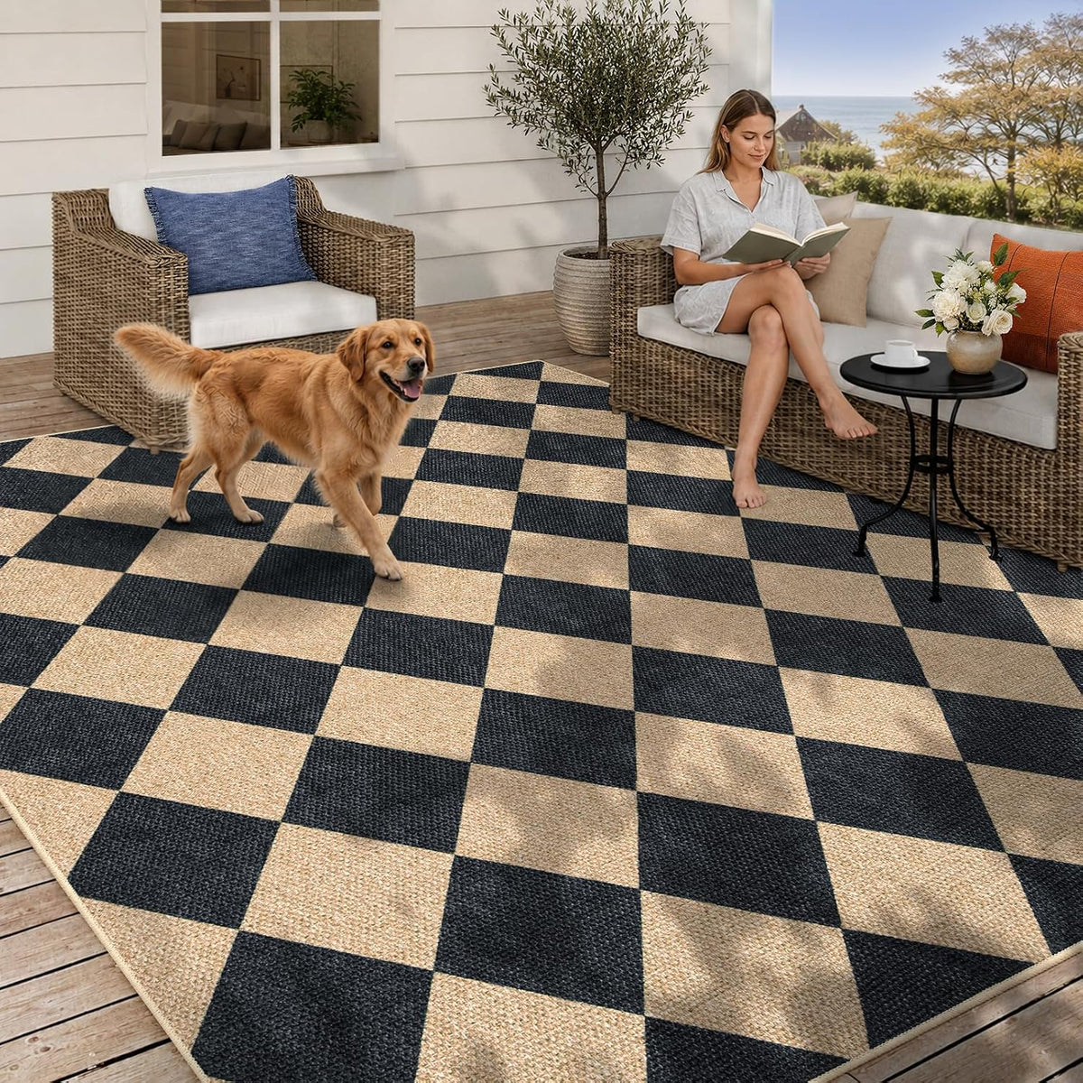 5x7 Black Checkered Jute Area Rug