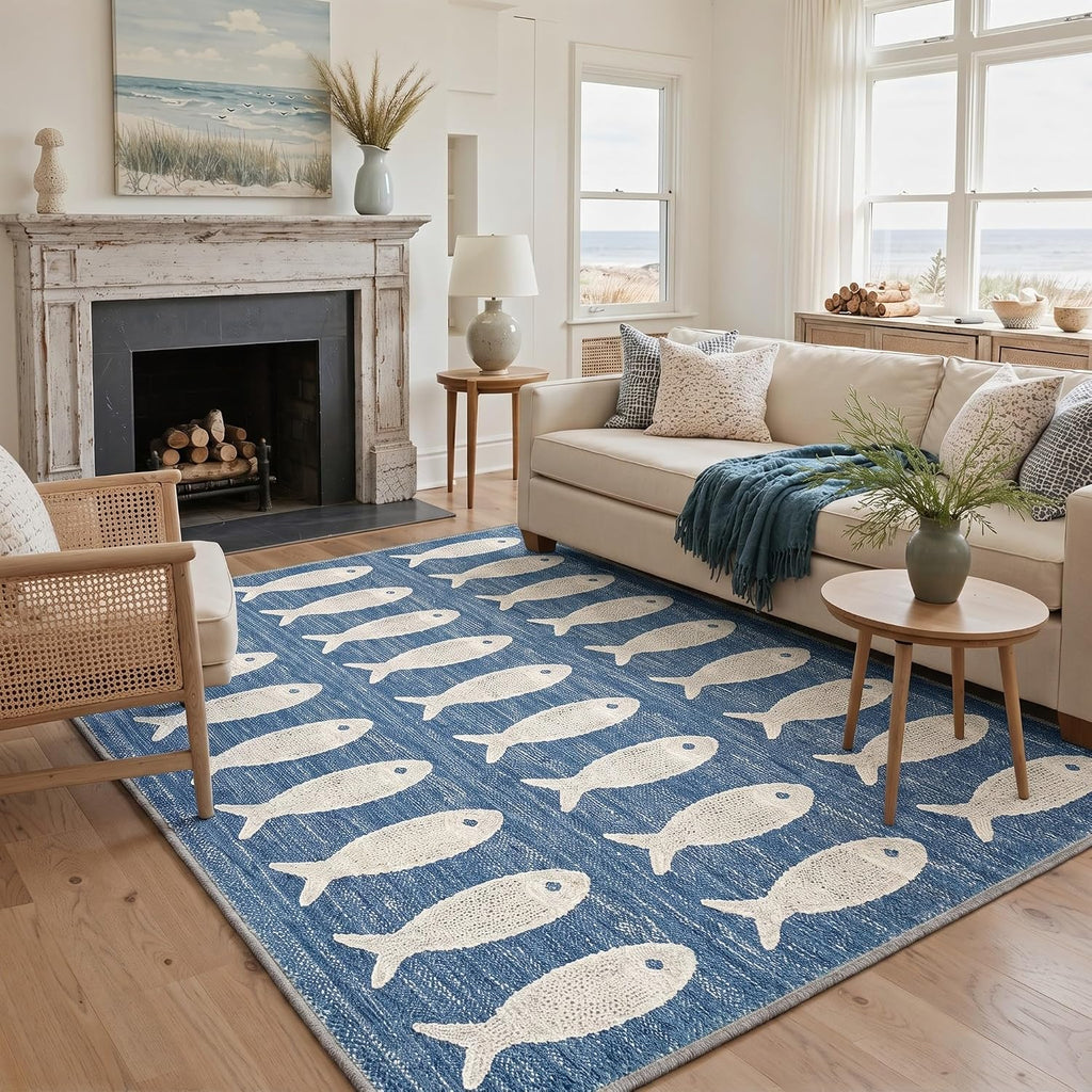 5×7 ft Washable Blue Fish‑Pattern Area Rug