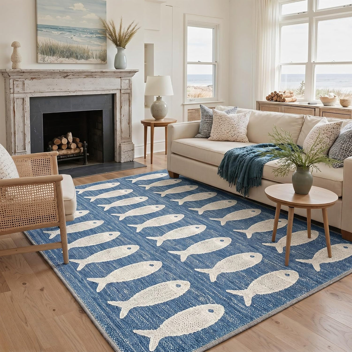 5×7 ft Washable Blue Fish‑Pattern Area Rug