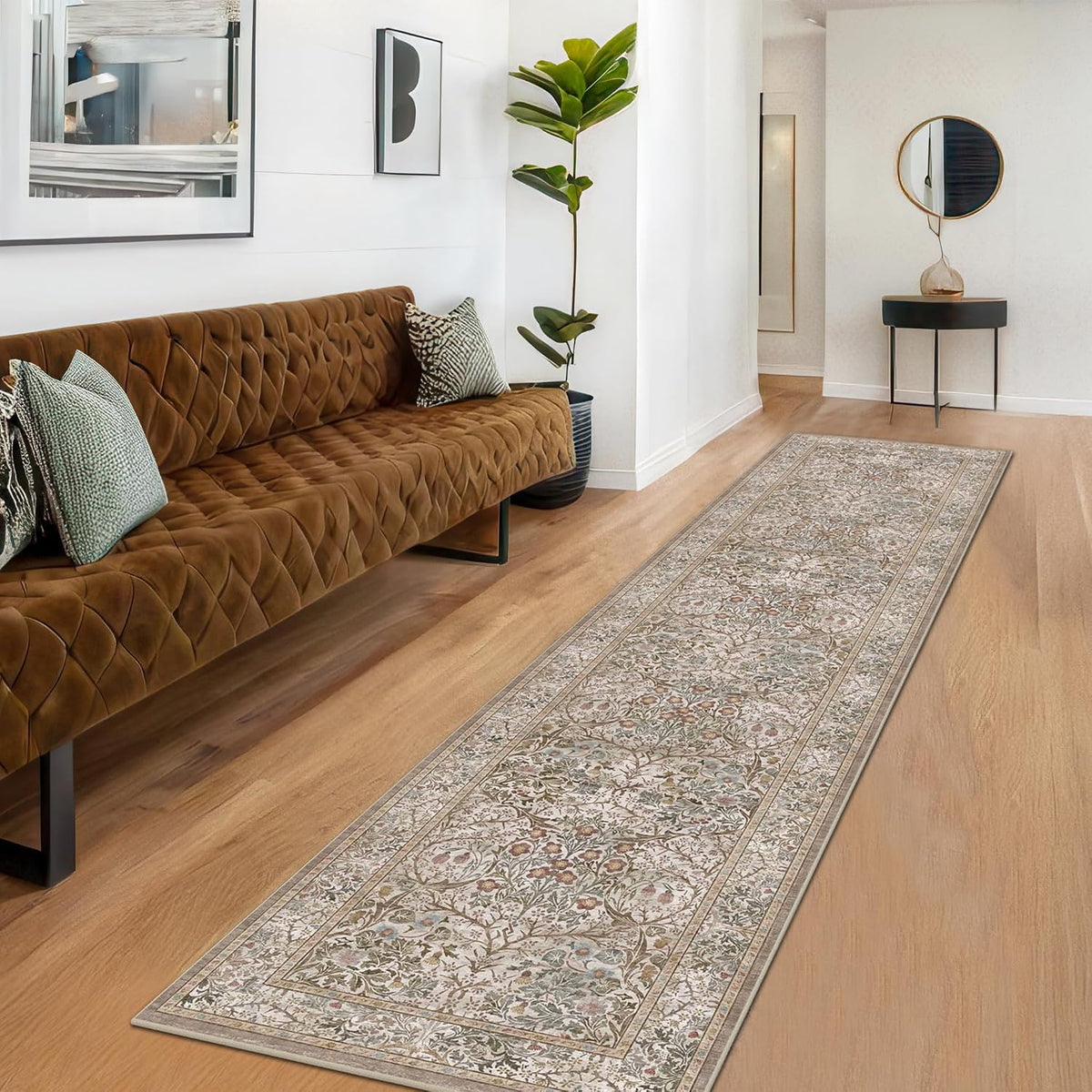 2x10 Ft Moss‑Green Floral Non‑Slip Washable Runner Rug