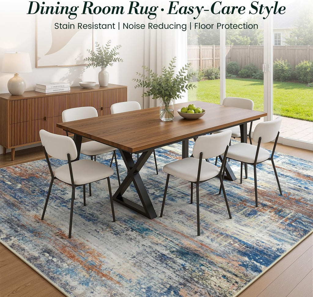5×7 ft Slate‑Blue & Terracotta Washable Area Rug