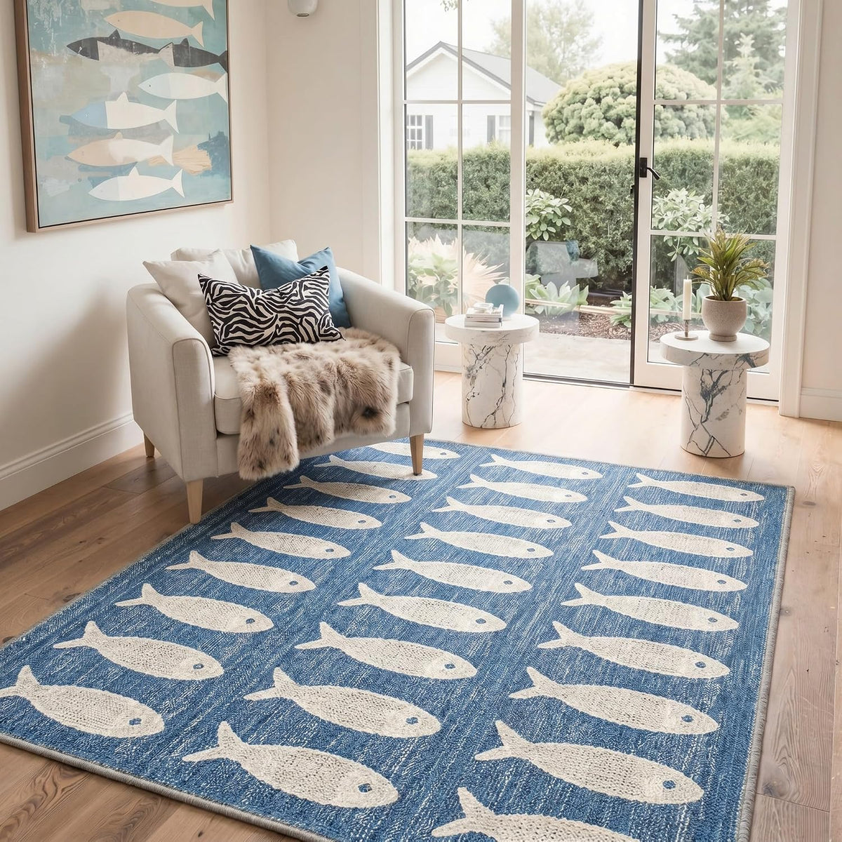 5×7 ft Washable Blue Fish‑Pattern Area Rug