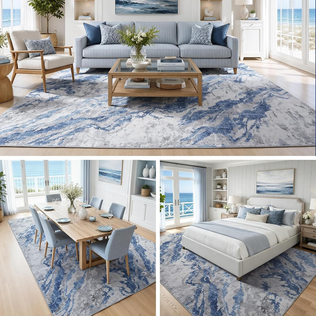 8×10 ft Modern Blue‑Grey Coastal Area Rug