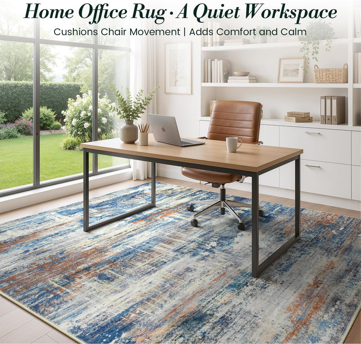 5×7 ft Slate‑Blue & Terracotta Washable Area Rug