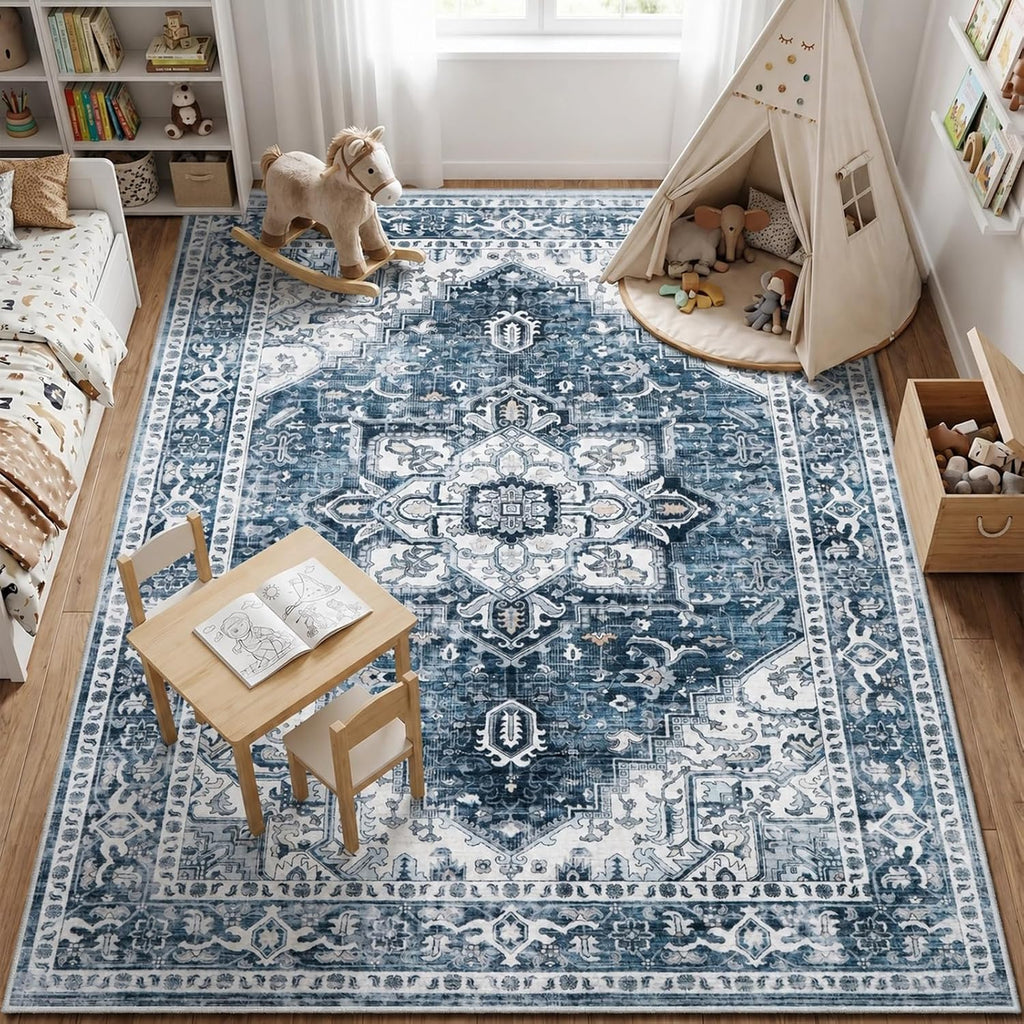 5×7 ft Vintage Distressed Blue Boho Area Rug