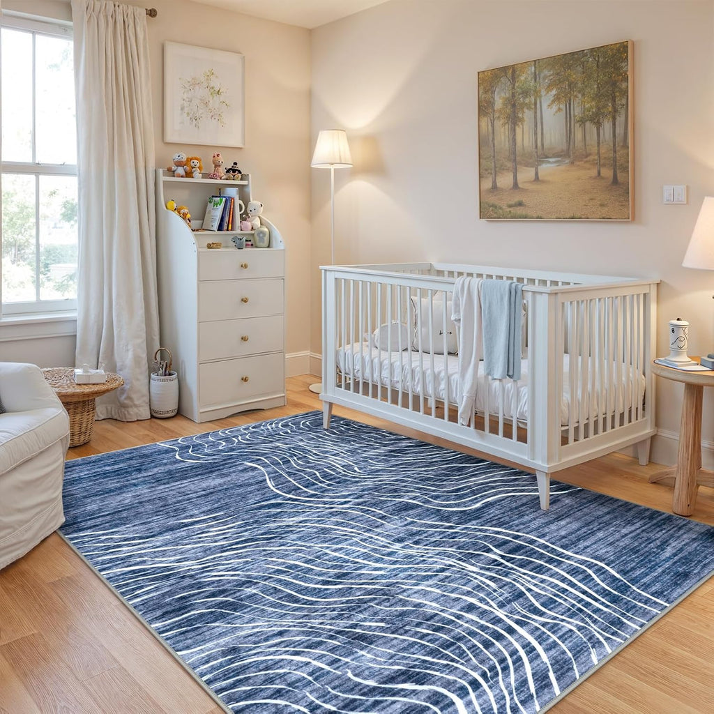5×7 ft Abstract Blue Washable Area Rug