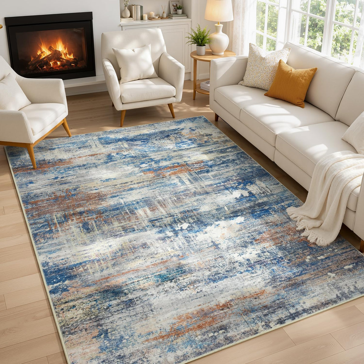5×7 ft Slate‑Blue & Terracotta Washable Area Rug