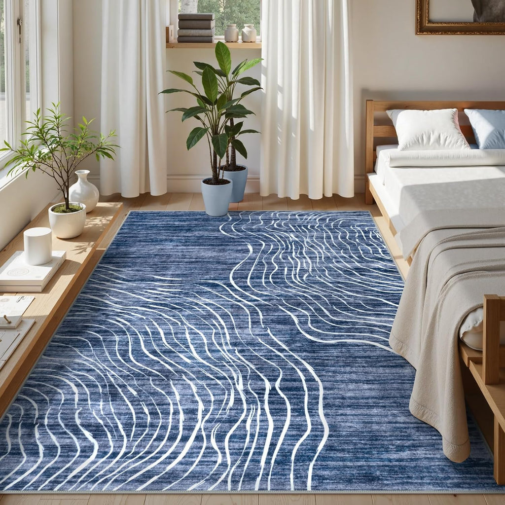 5×7 ft Abstract Blue Washable Area Rug