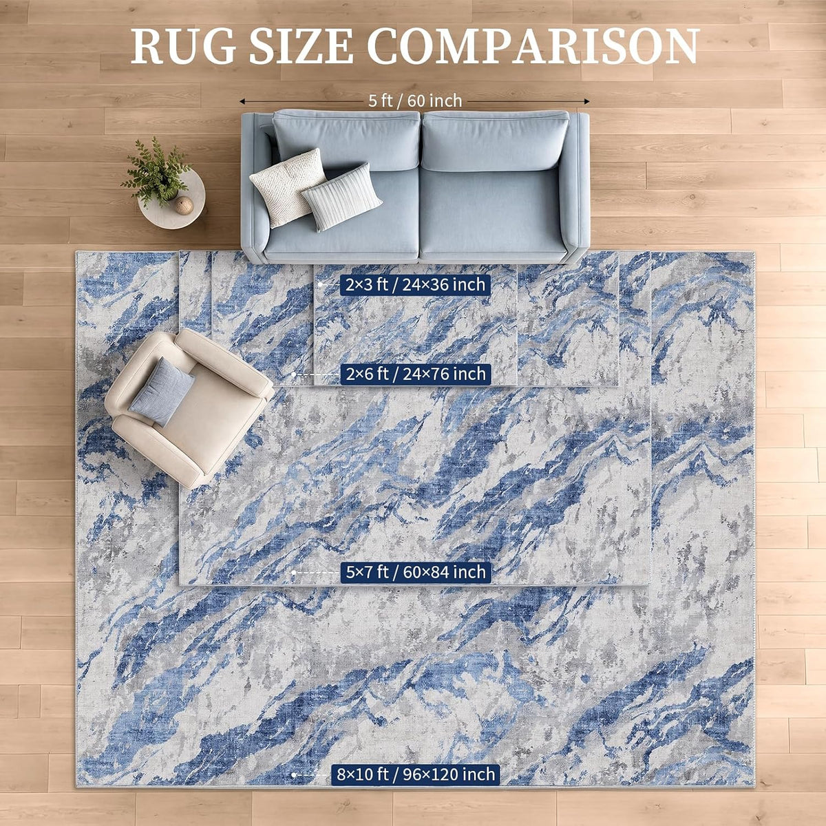 8×10 ft Modern Blue‑Grey Coastal Area Rug