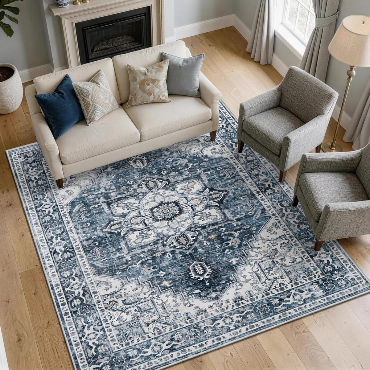 5×7 ft Vintage Distressed Blue Boho Area Rug