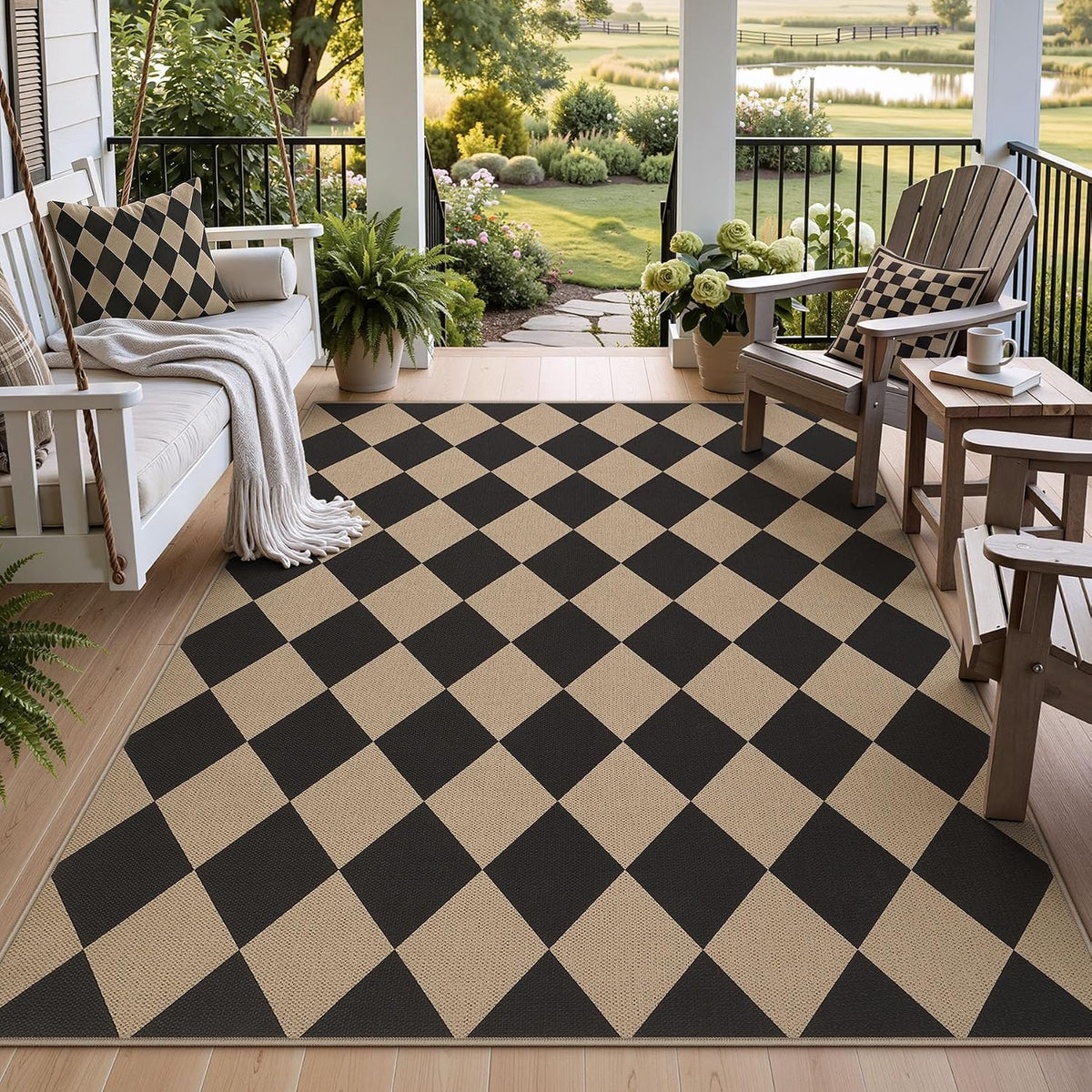 5x7 Black Checkered Jute Outdoor Rug