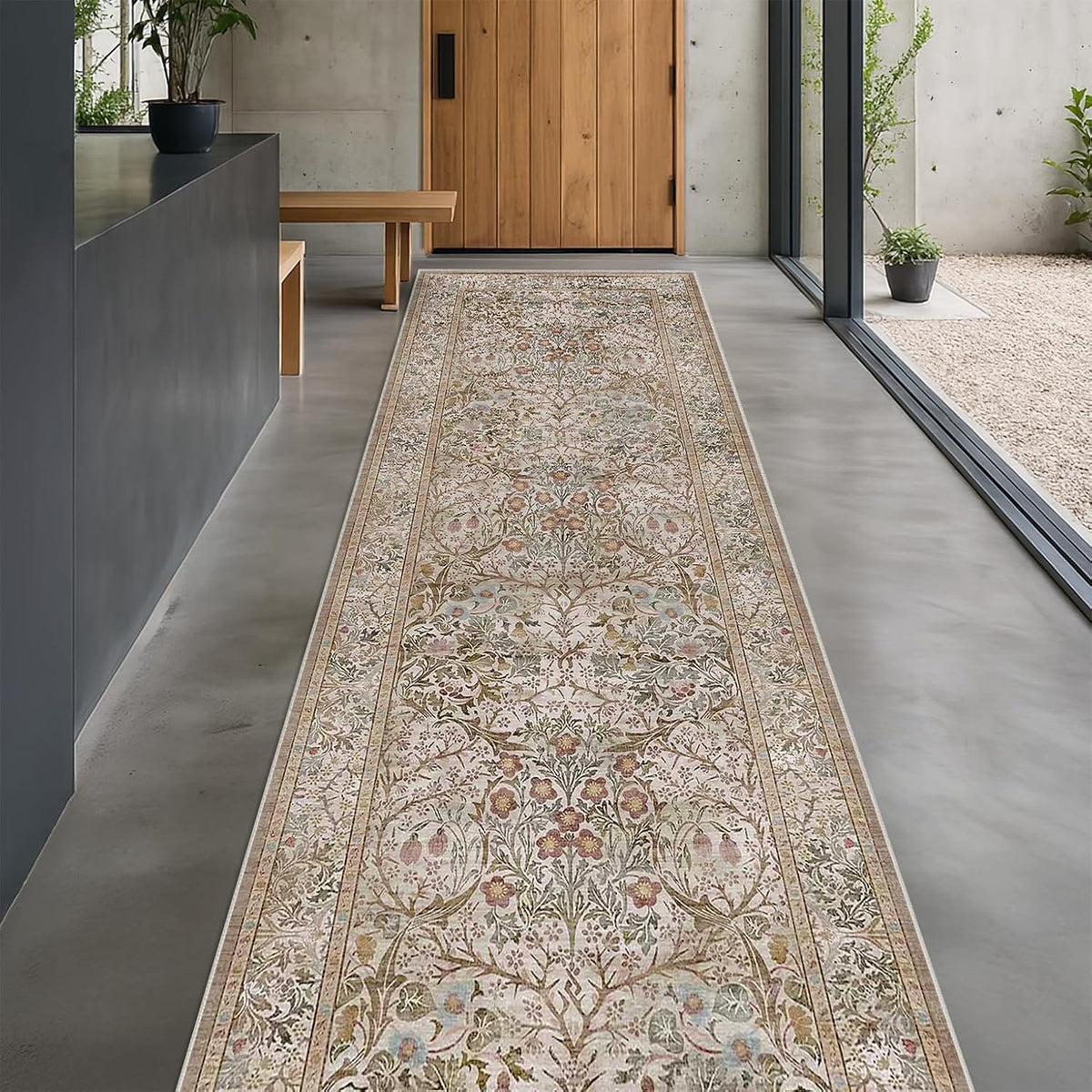 2x10 Ft Moss‑Green Floral Non‑Slip Washable Runner Rug