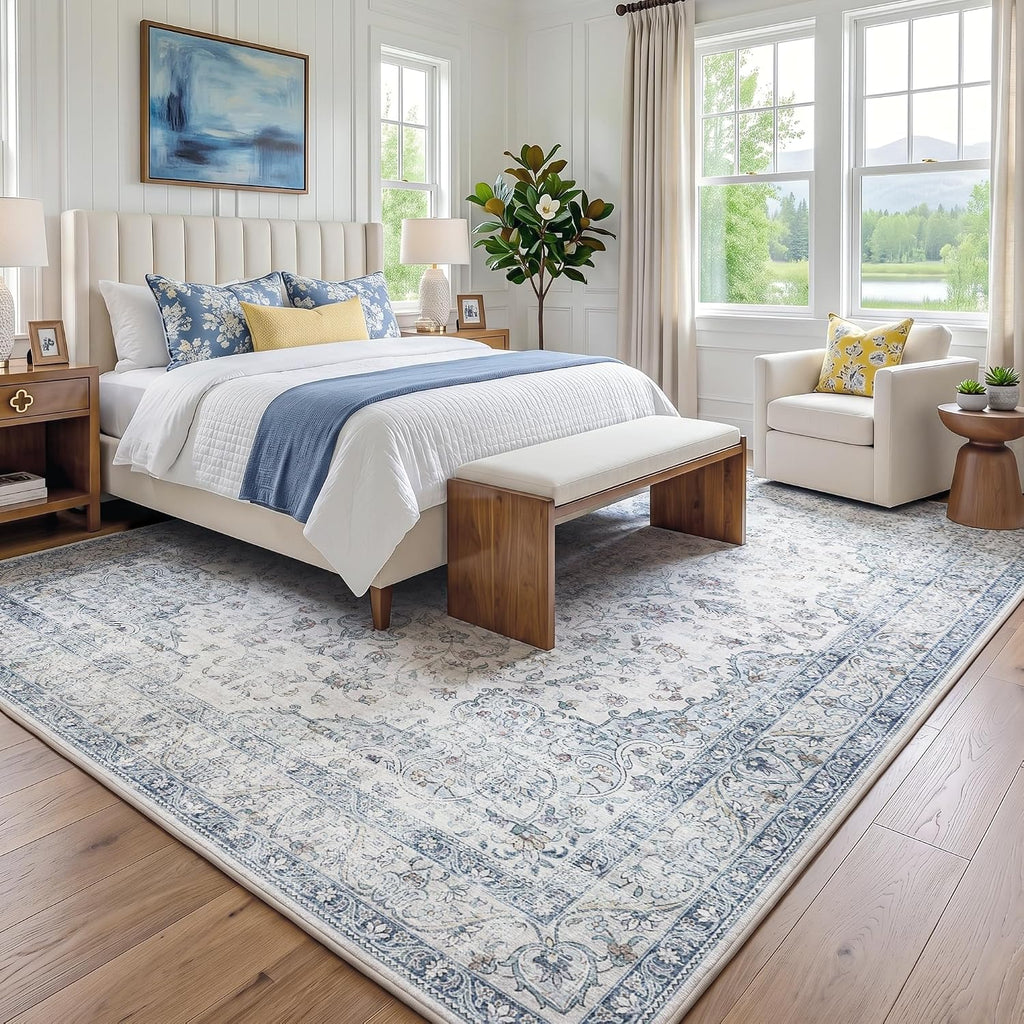 8×10 ft Vintage Blue Neutral Washable Area Rug