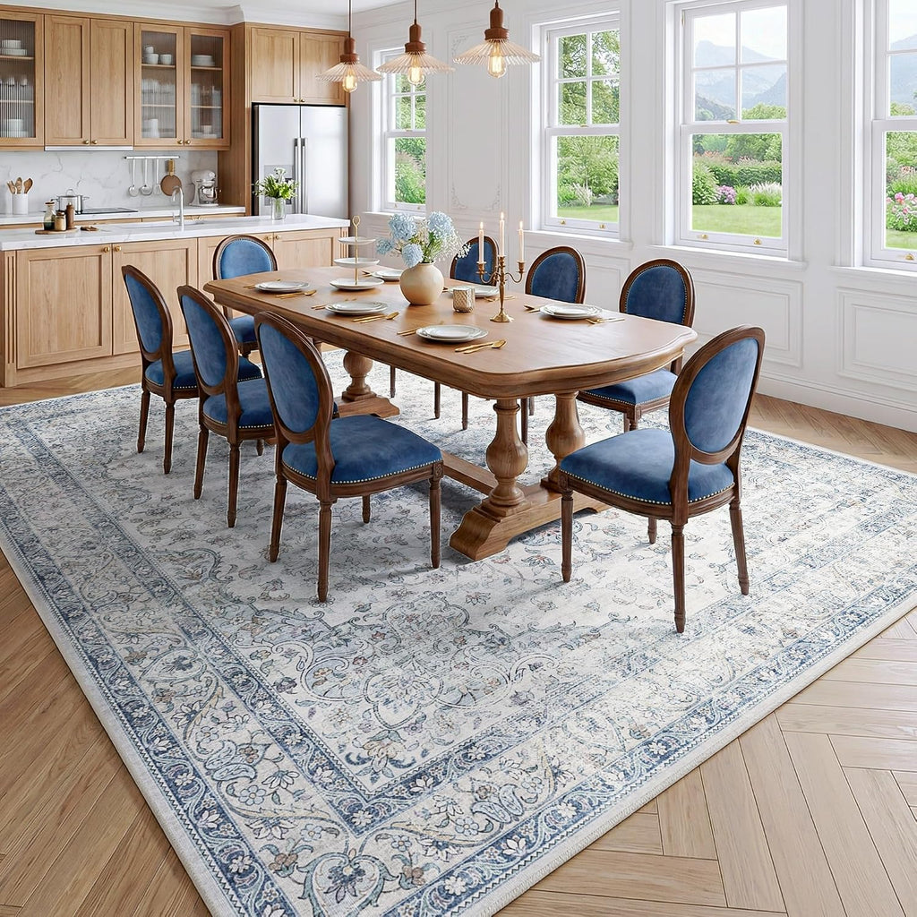 8×10 ft Vintage Blue Neutral Washable Area Rug