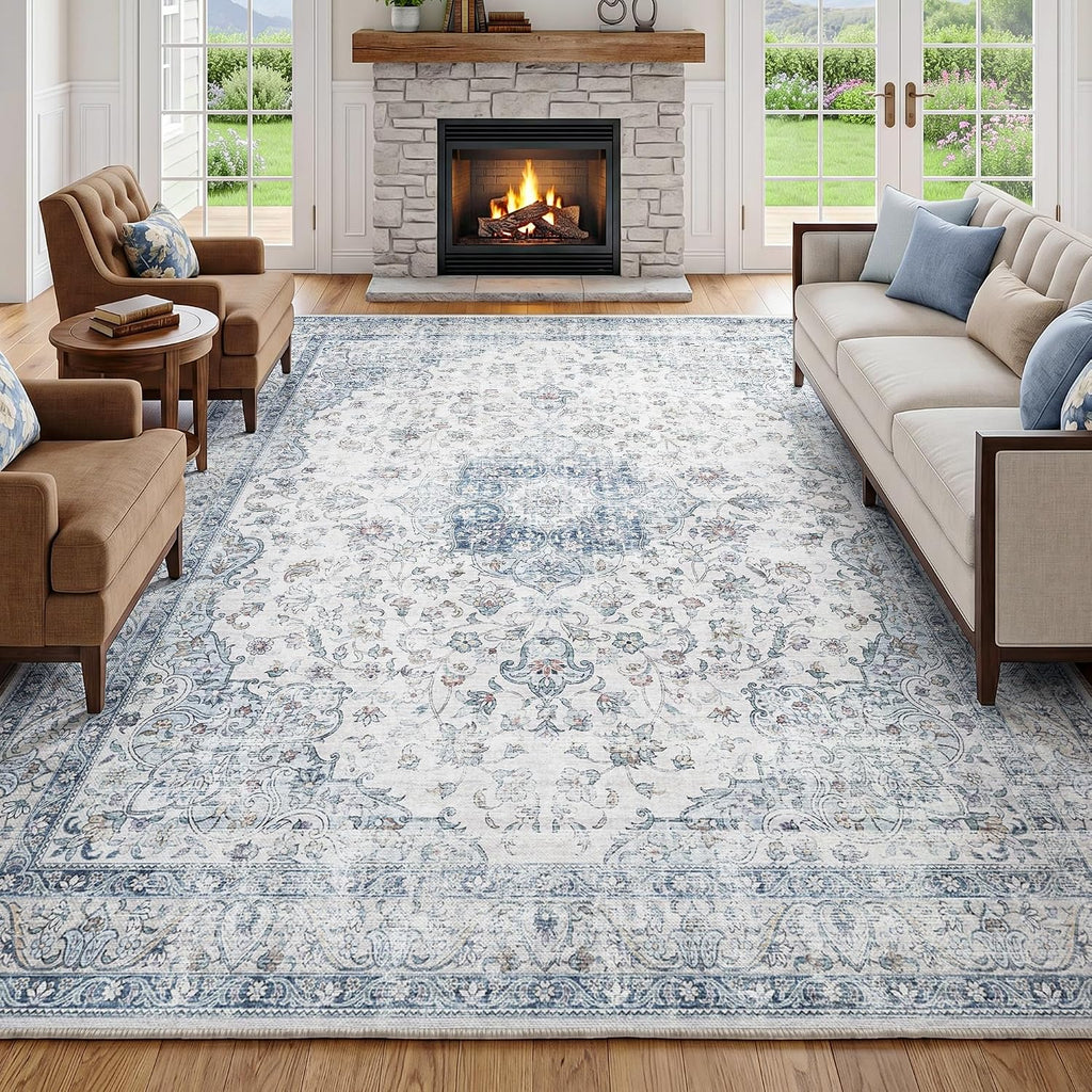 8×10 ft Vintage Blue Neutral Washable Area Rug