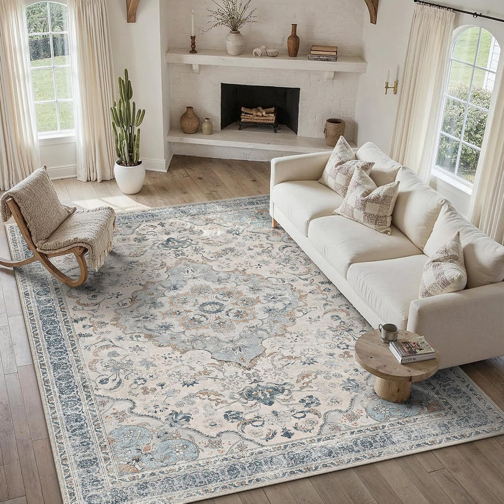 PureCozy Blue Area Rug 6x9 Living Room Vintage Floral Non-Slip Carpet
