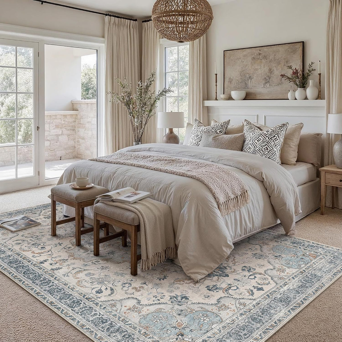 PureCozy Blue Area Rug 6x9 Living Room Vintage Floral Non-Slip Carpet