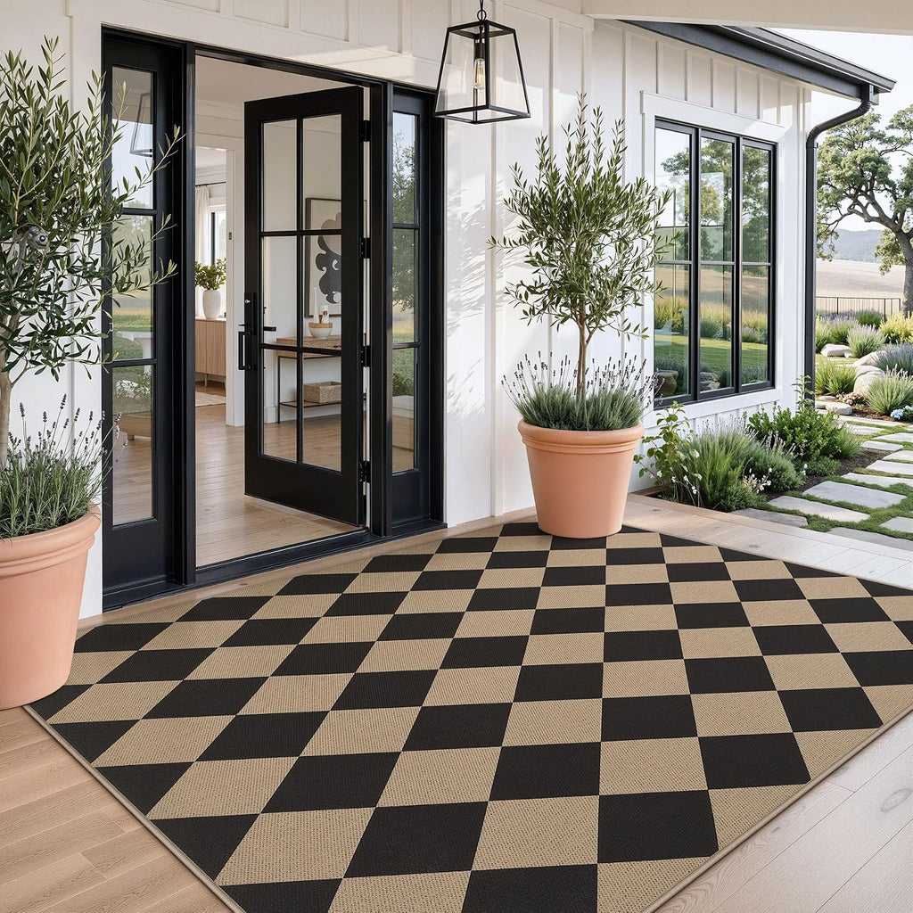 5x7 Black Checkered Jute Outdoor Rug