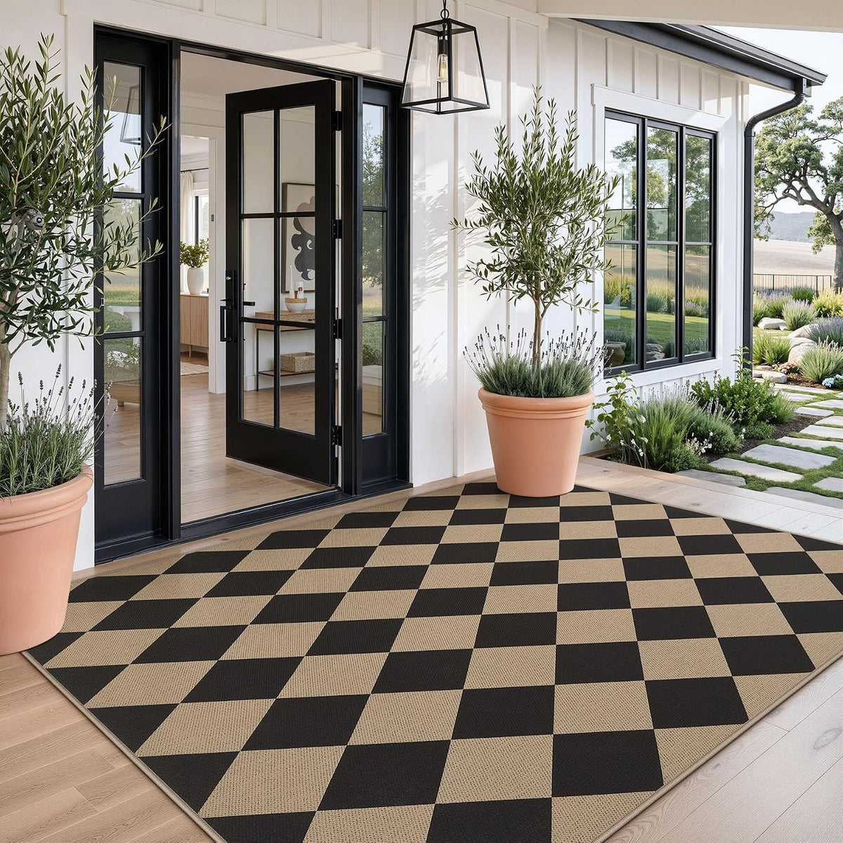 5x7 Black Checkered Jute Outdoor Rug