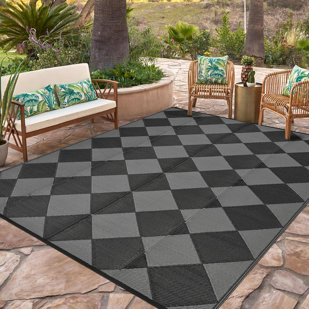 9x12 Ft Black‑Grey Diamond Reversible Outdoor Rug