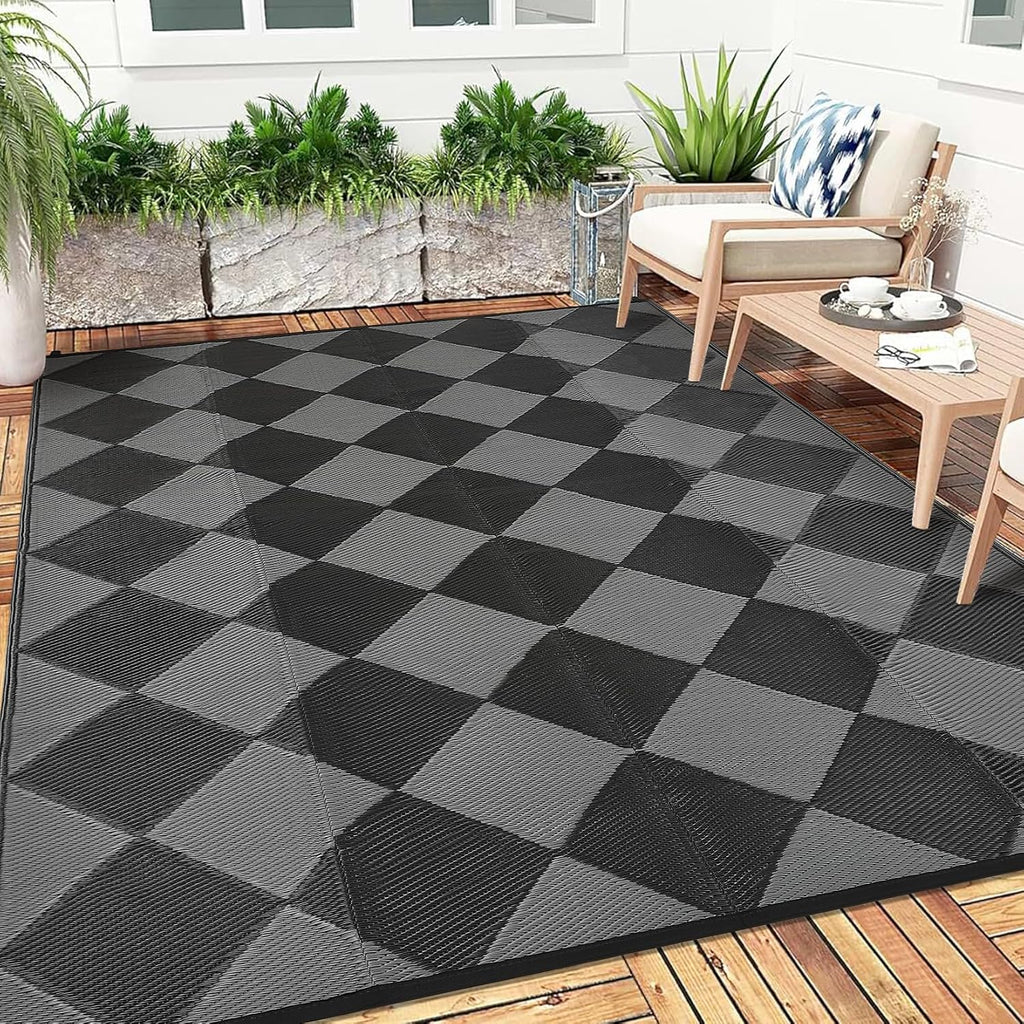 9x12 Ft Black‑Grey Diamond Reversible Outdoor Rug