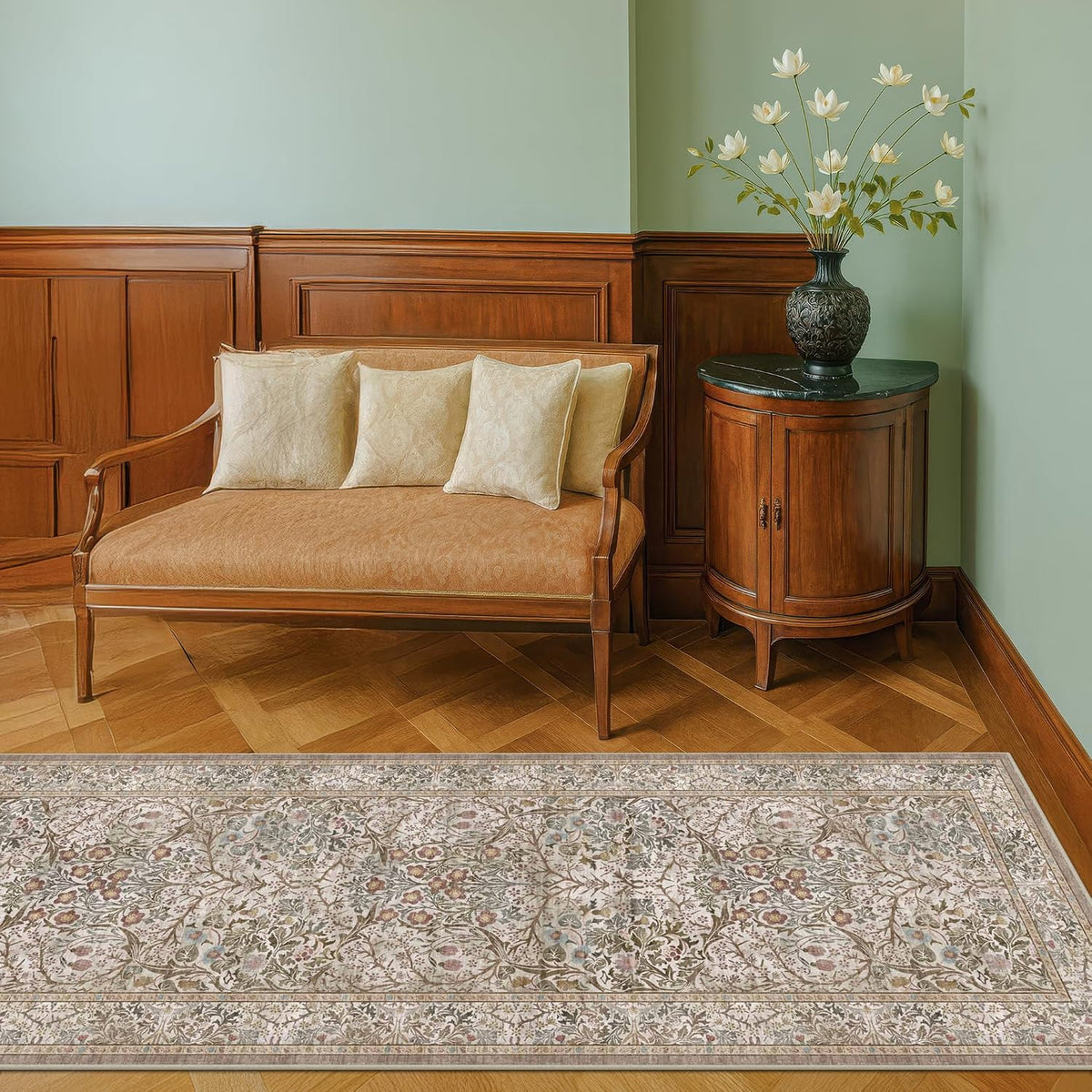 2x10 Ft Moss‑Green Floral Non‑Slip Washable Runner Rug