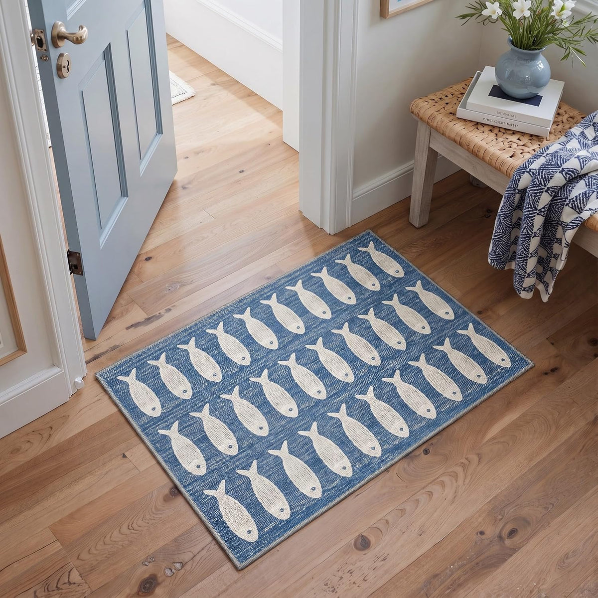5×7 ft Washable Blue Fish‑Pattern Area Rug